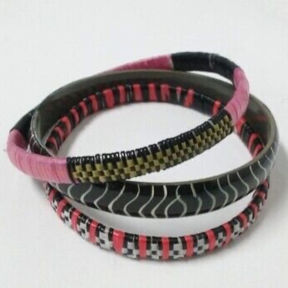 BUNDLE: African Patterned Beaded Painted Bangle Bracelet Trios (Multiple Colors) - Picture 2 of 12